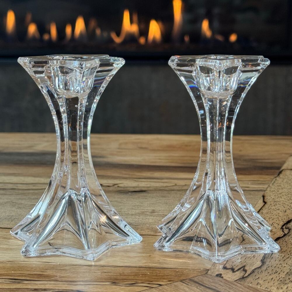Mikasa Firestar Crystal Candlestick Holders Pair Star Base 4.25” Vintage Austria